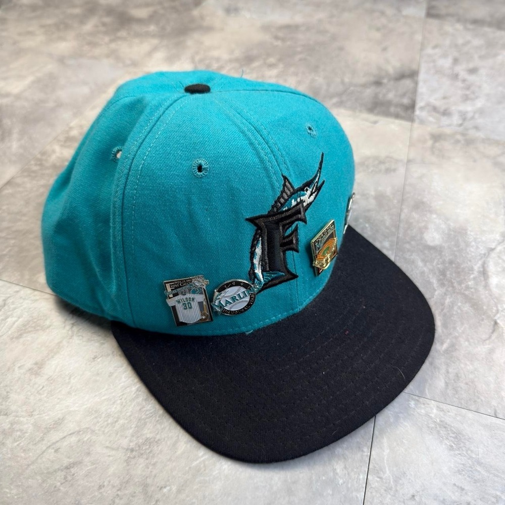 Vintage 90s New Era Florida Marlins Inaugural Year Pin Snapback Hat Teal